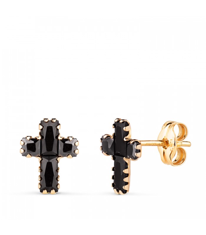 Herrenohrringe Kreuz 18 Karat Gold Zirkonia Schwarz, Ohrpiercing für Herren