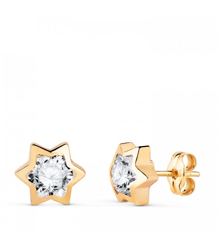 Pendientes Estrellas Noemi 8 mm Oro 18 K, chatones y dormilonas para niña y mujer
