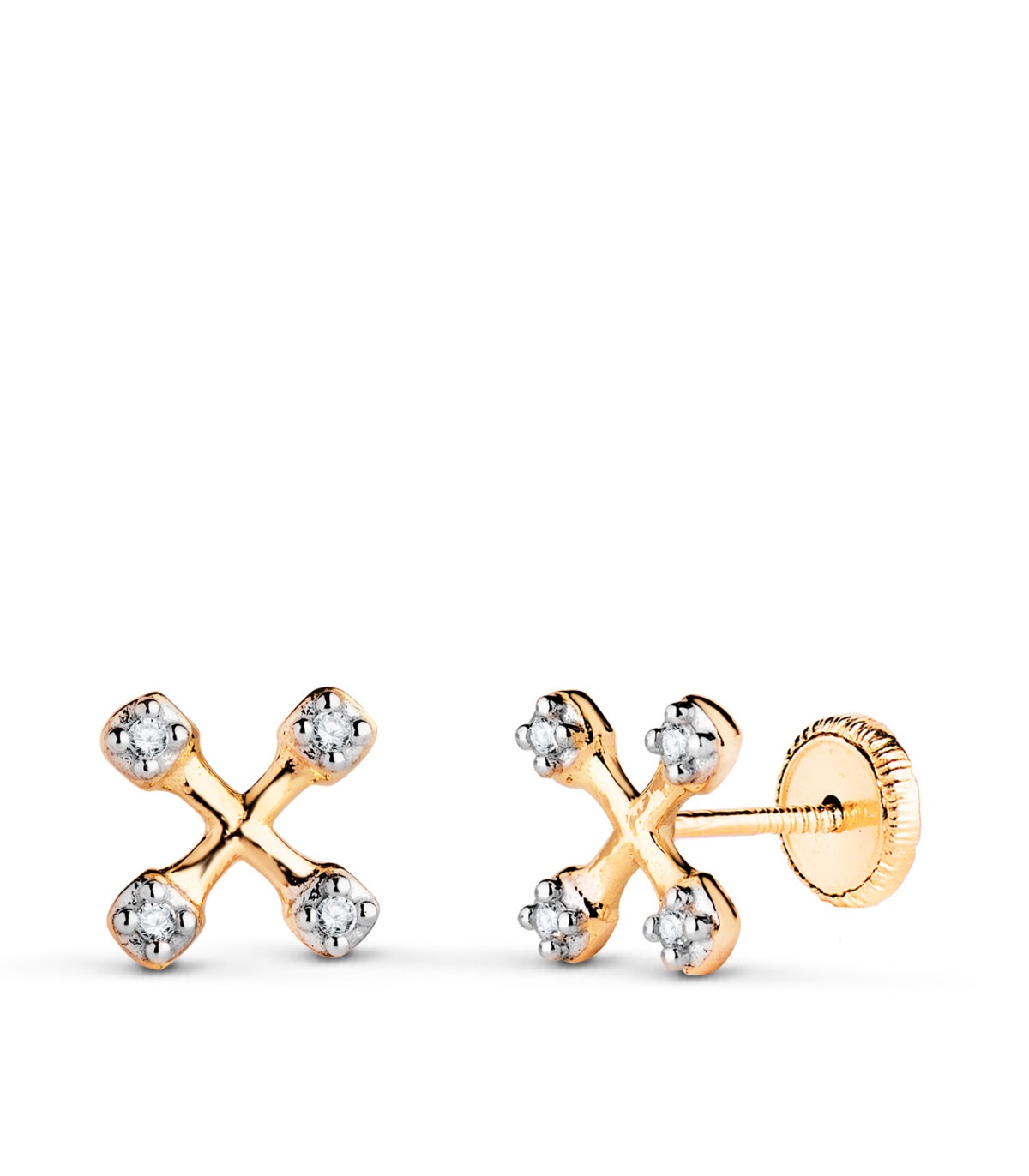 Boucles d'oreilles puces X 6.5mm 2 Ors 18K, forme croix zircones, piercings et bijoux oreille femme.