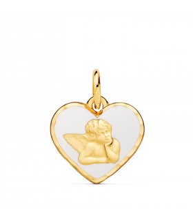 Medalla Corazón Ángel Oro 18K 14mm Blanco, regalo bautizo o día de la madre.