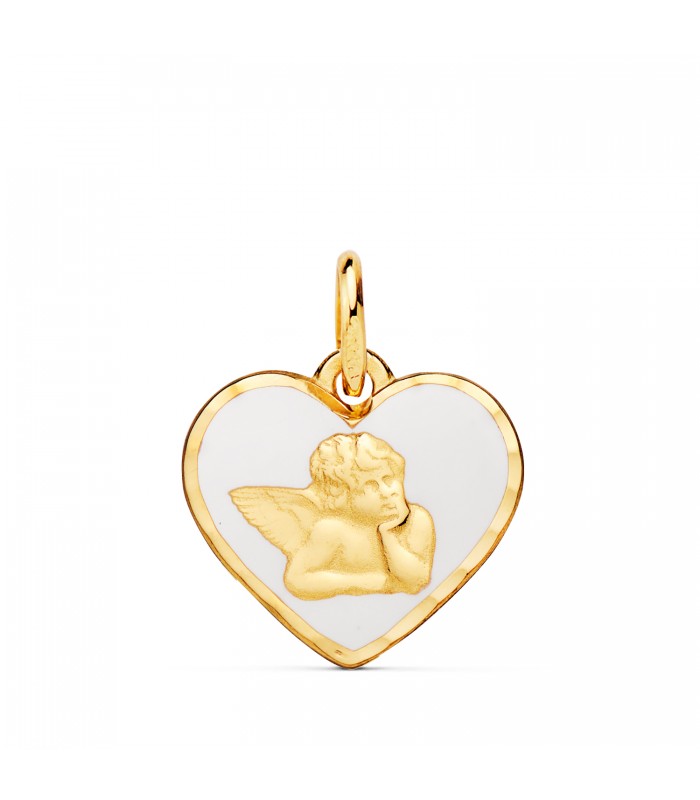 Medalla Corazón Ángel Oro 18K 14mm Blanco, regalo bautizo o día de la madre.
