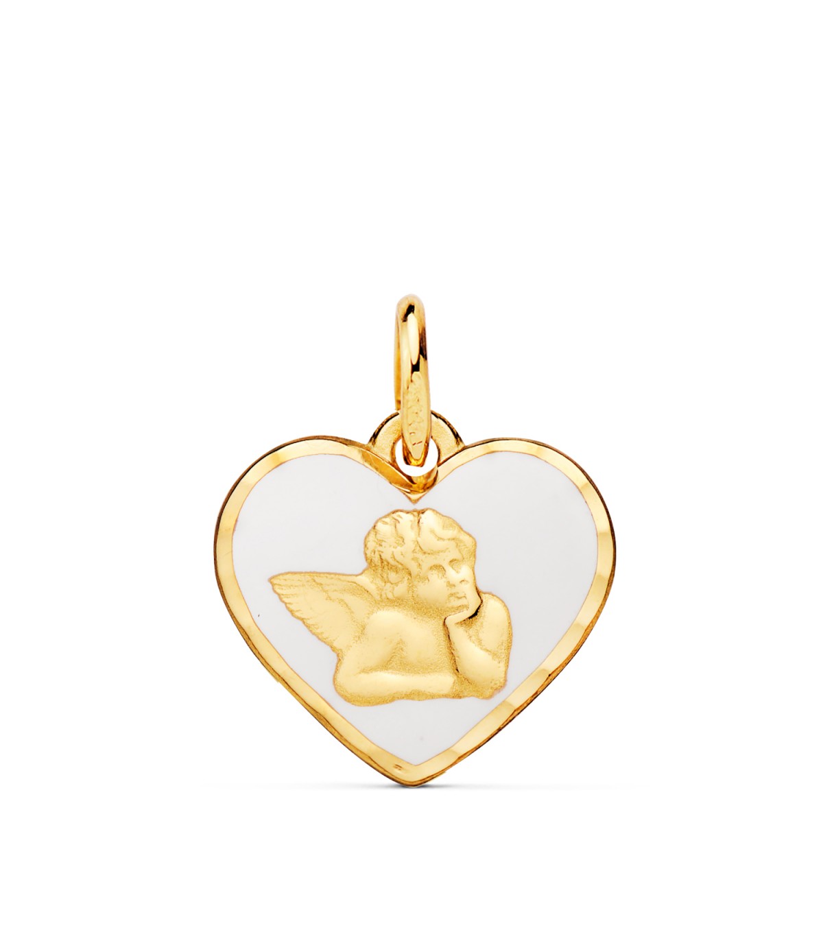 Medalla Corazón Ángel Oro 18K 14mm Blanco, regalo bautizo o día de la madre.