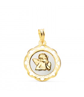 Médaille Ange Or 18K 18mm Émail Blanc, pendentif baptême, fête des mères