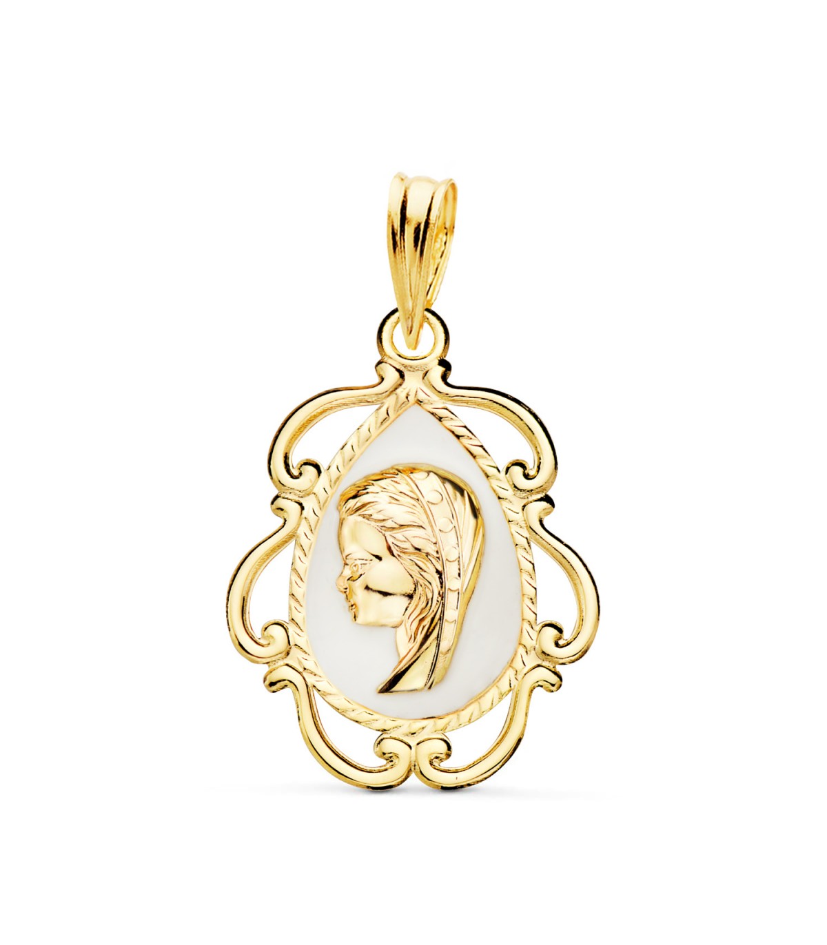Medalla Virgen Niña Marco Blanco Oro 18K 22mm, joyas y regalos Comunión