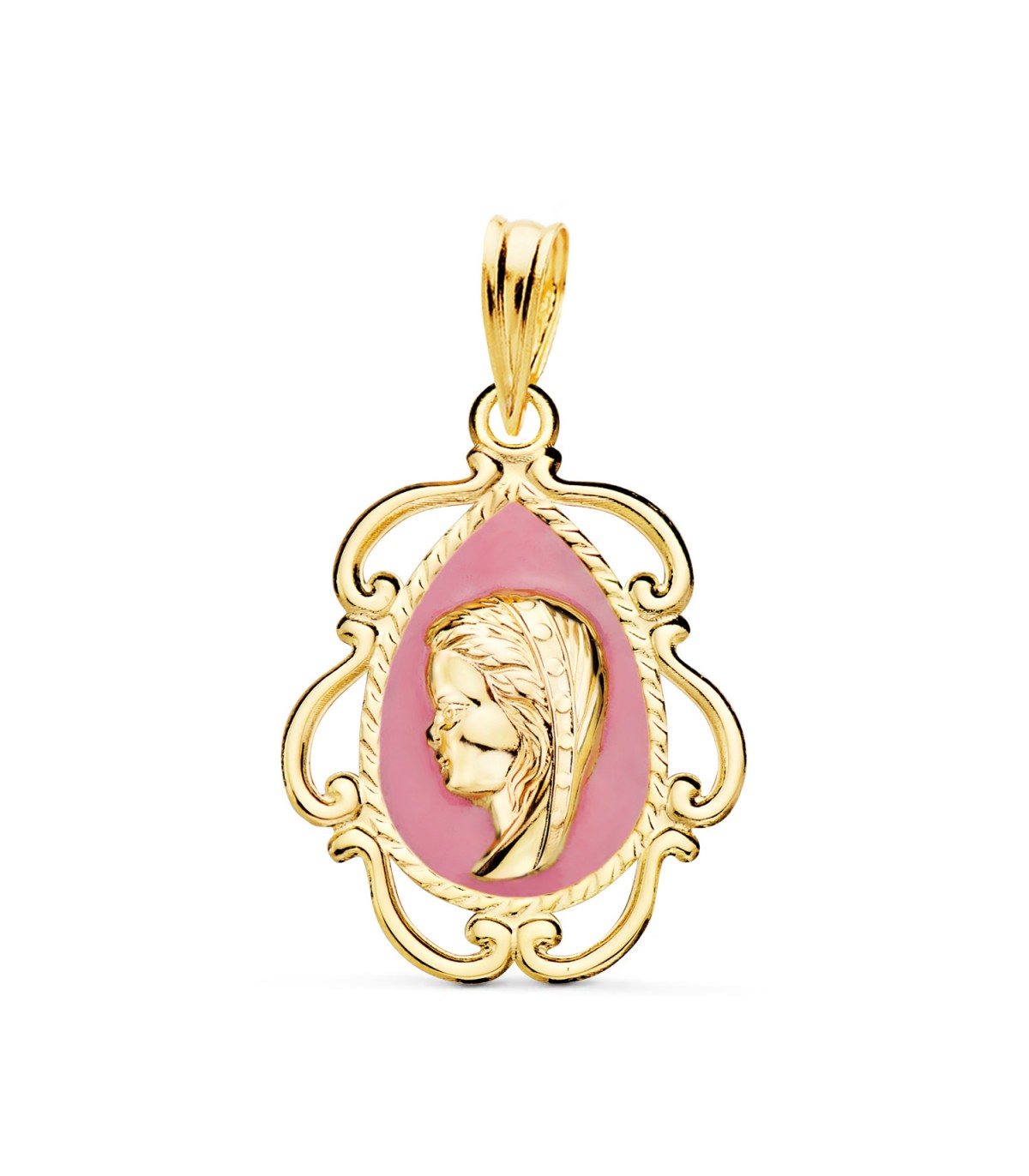 Medalla Virgen Niña Marco Rosa Oro 18K 22mm, joyas y regalos Comunión