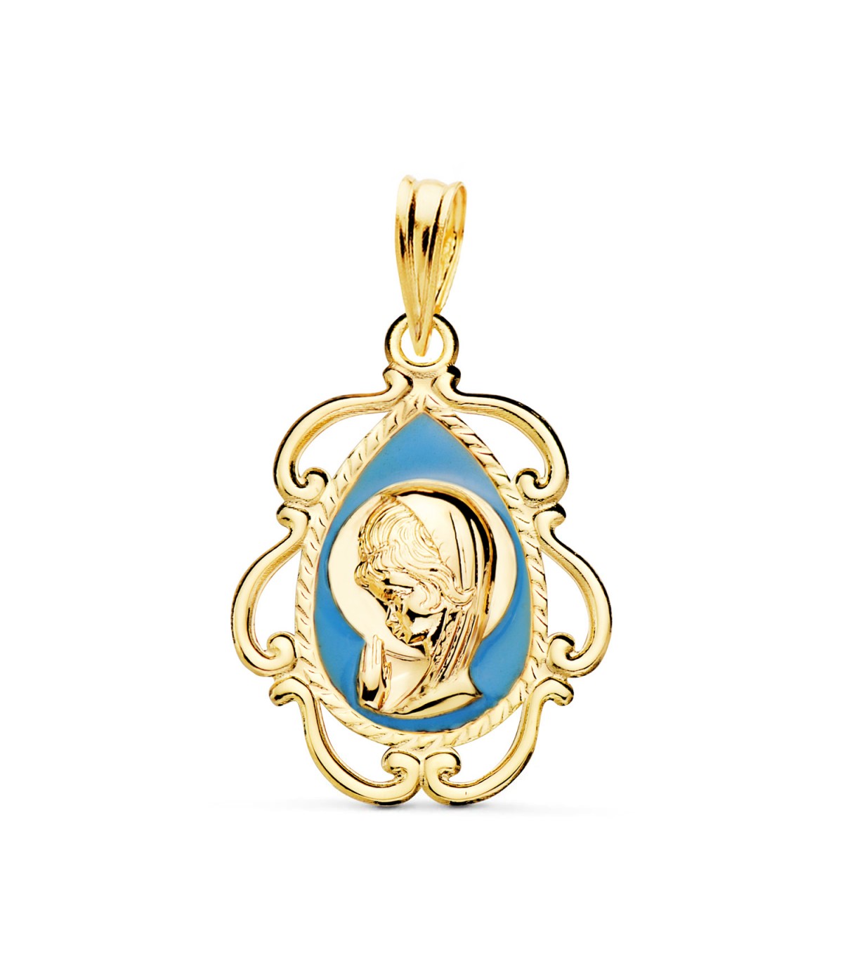 Medalla Virgen Niña Azul 18K 22mm Rezo, esmalte turquesa, joyas y regalos Comunión