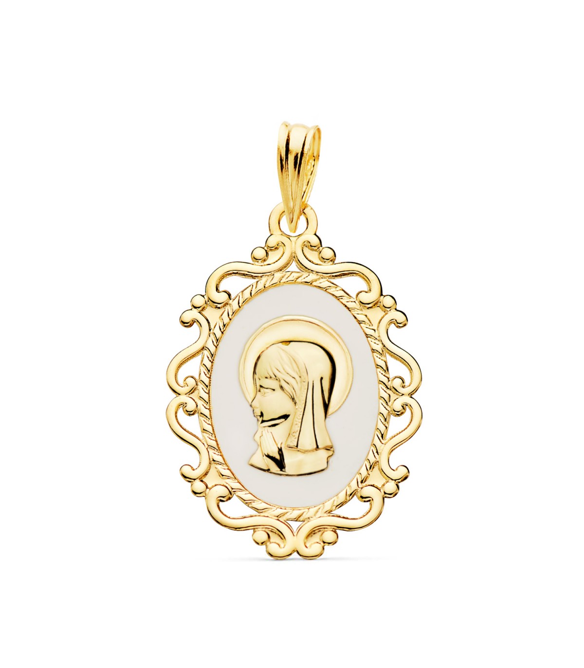 Medaglietta Madonnina 18Kt 22mm Smalto bianco, medaglie religiose  in oro per battesimo e Comunione