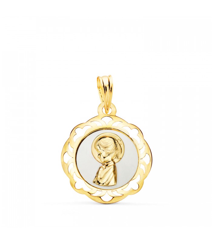 Colgante Virgen Niña Aureola 18K 18mm blanco, Medalla Primera Comunión