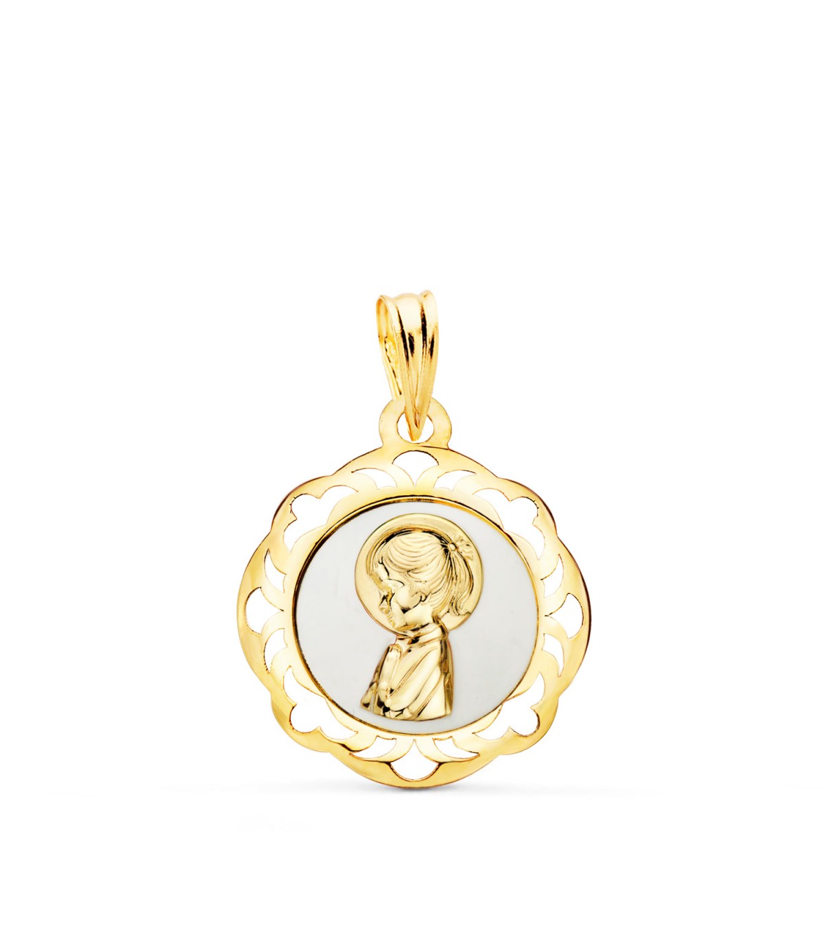 Colgante Virgen Niña Aureola 18K 18mm blanco, Medalla Primera Comunión