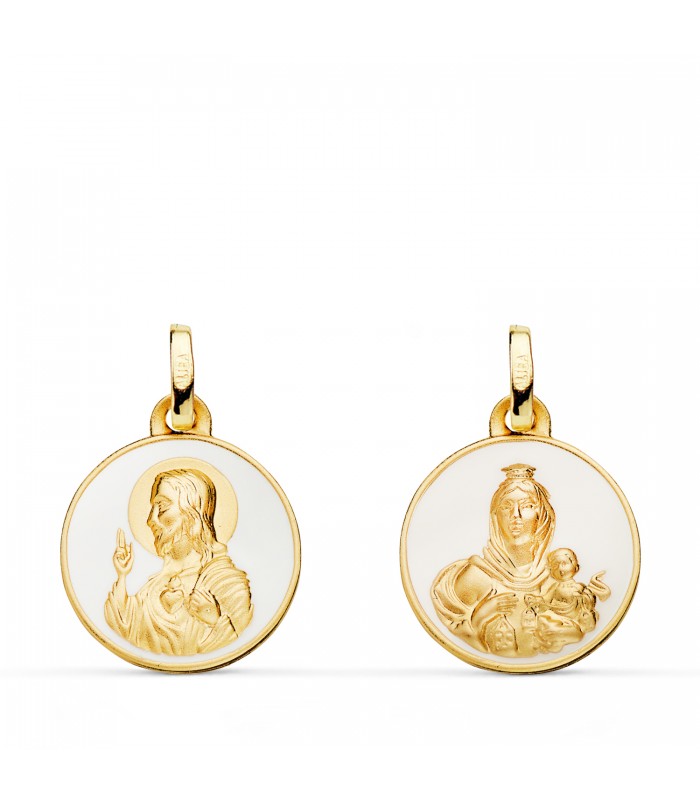 Médaille scapulaire Notre Dame du Mont Carmel et Sacré Coeur de Jésus 18K Émail blanc