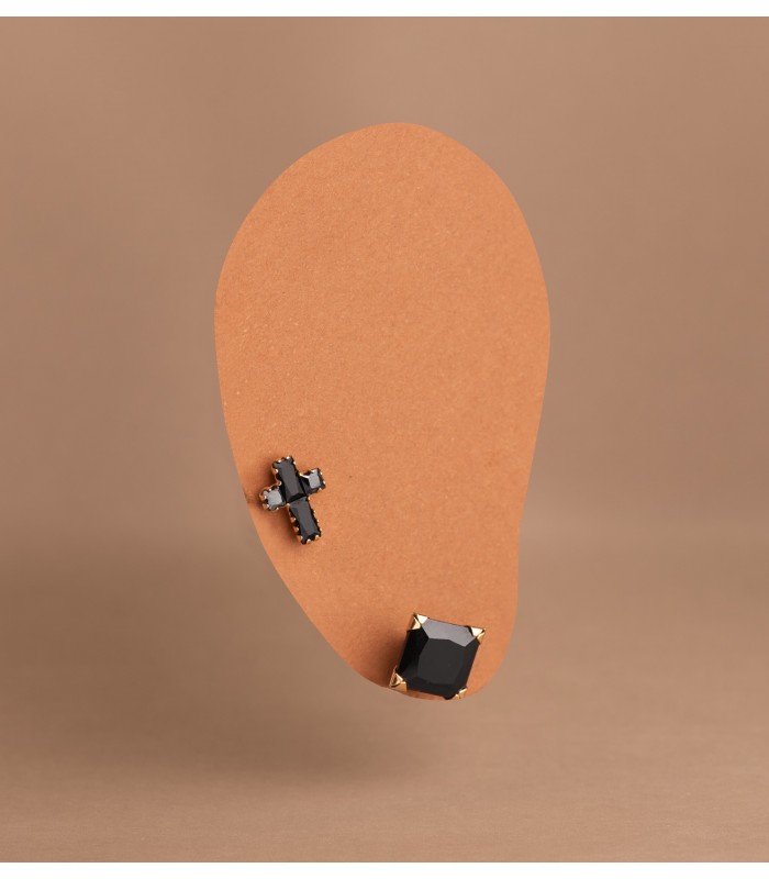 Pendientes hombre Oro 18K Cruz negra, piercing oreja hombre