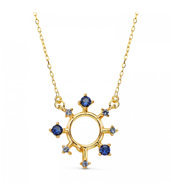 Collier Femme Universe Or Jaune 18K, pendentif soleil avec pierres bleues