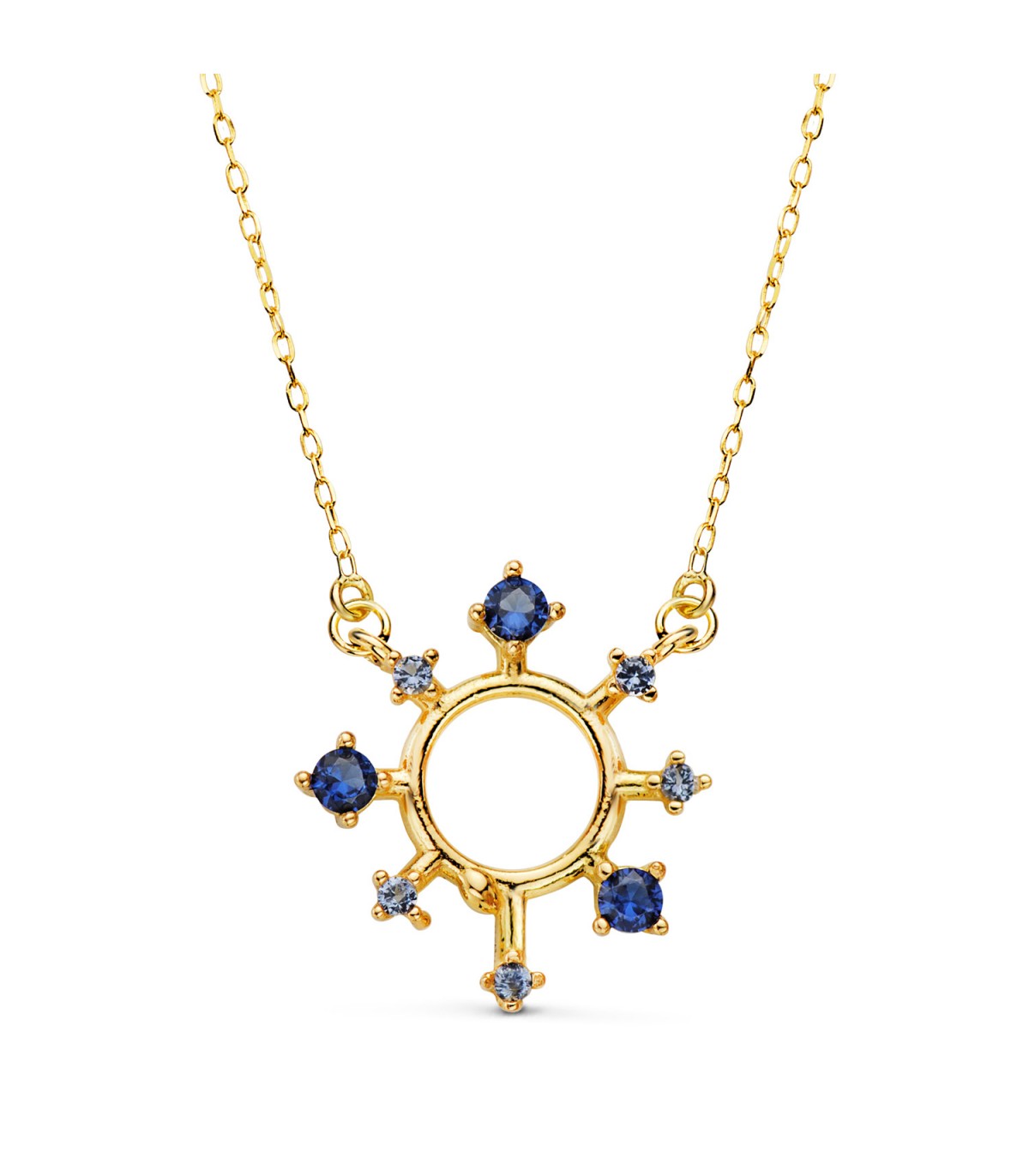 Collier Femme Universe Or Jaune 18K, pendentif soleil avec pierres bleues