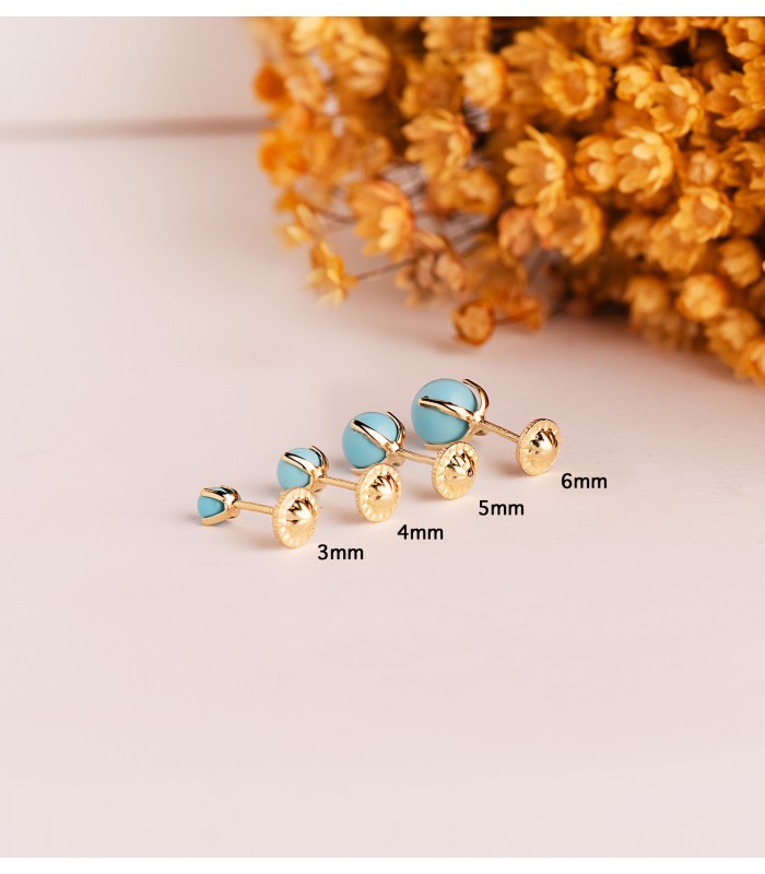 Pendientes pequeños turquesas oro amarillo 4MM 18 Kilates
