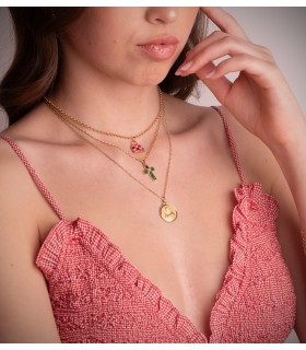 Kettenanhänger für Damen | Handtaschen-Anhänger, kariert in Rot und Rosa, 18K Gelbgold 750