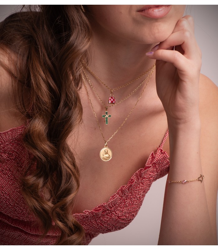 Ciondolo Croce con colomba Spirito Santo e Malachite Oro 18kt, regali per bambini, comunione o donna.