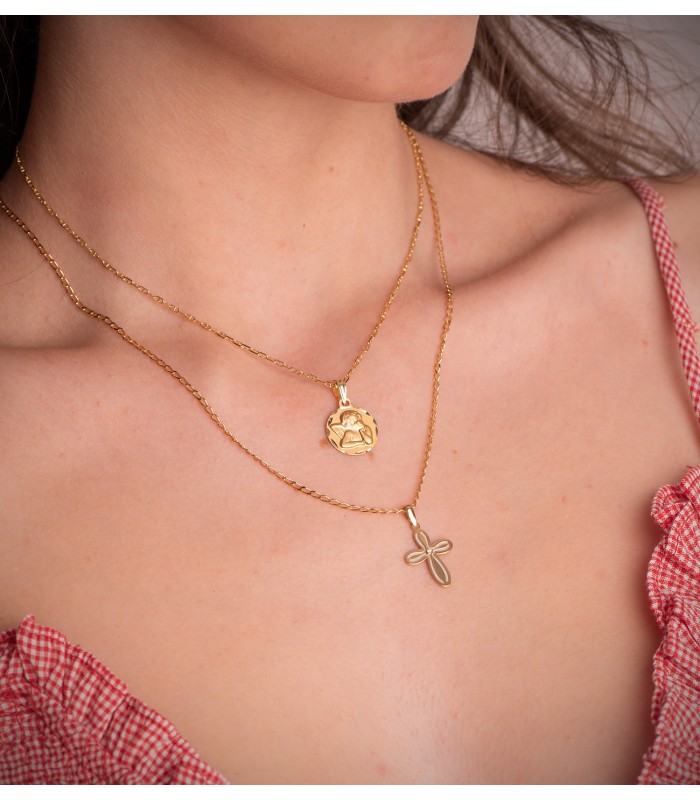 Damen Kreuzanhänger mit Perlmutt, glanz, aus 750er Gelbgold, 20 mm
