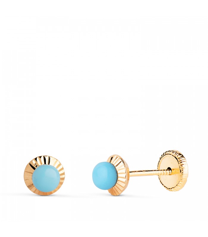 Pendientes niña y bebé oro amarillo, modelo Anabella 5 mm 18 Ktes, bola turquesa.
