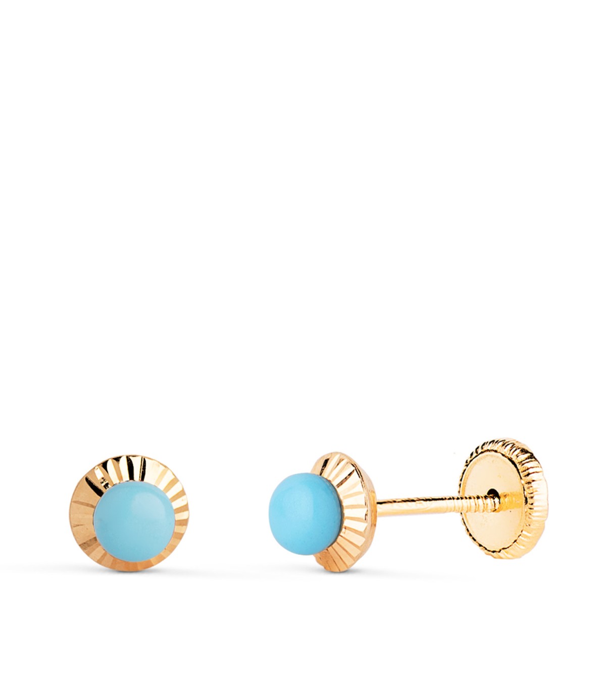 Pendientes niña y bebé oro amarillo, modelo Anabella 5 mm 18 Ktes, bola turquesa.