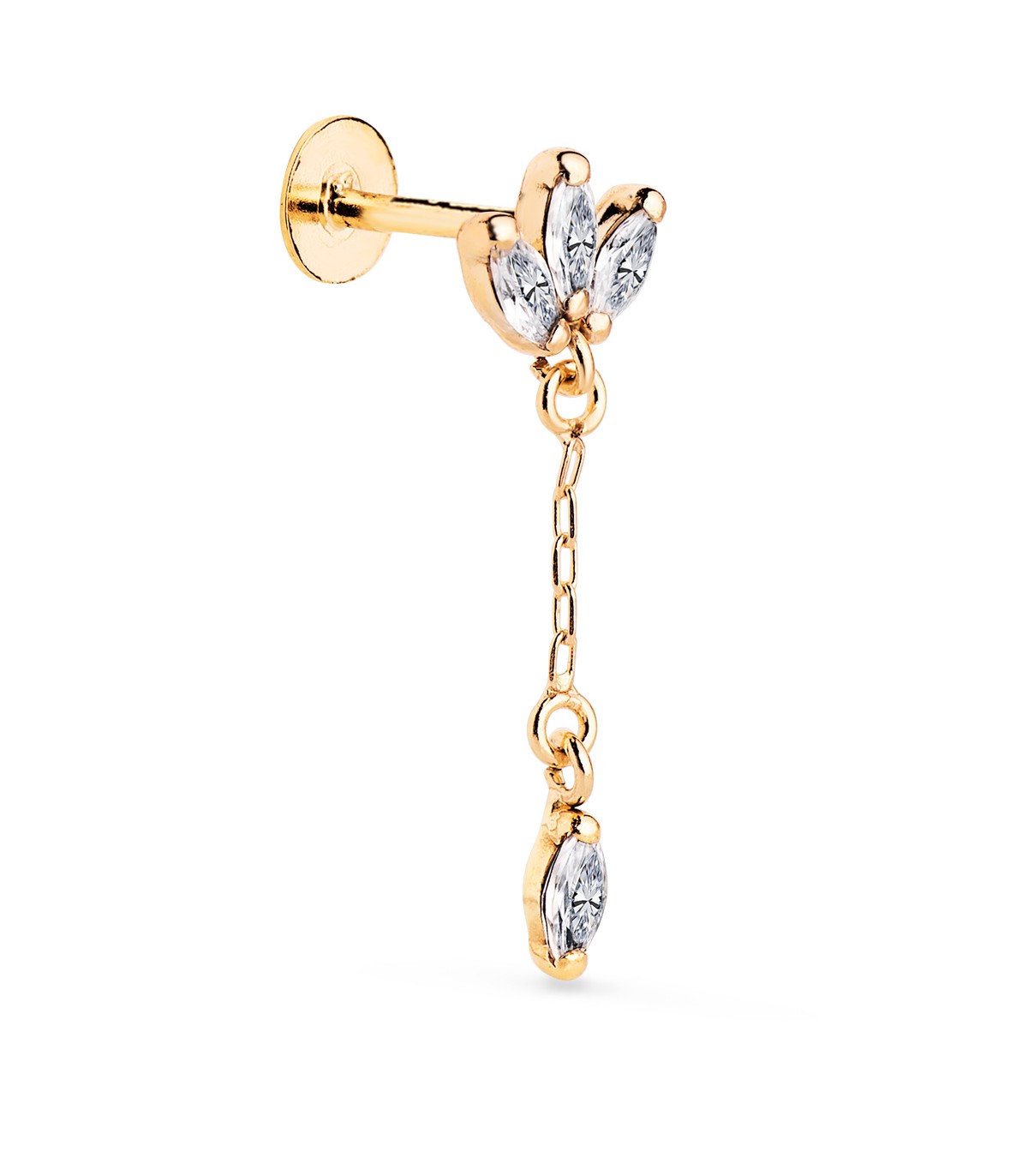 Piercing oreille Buenos Aires Or Jaune 18K zircones, helix tragus, lobe, conch, cartilage, flat.