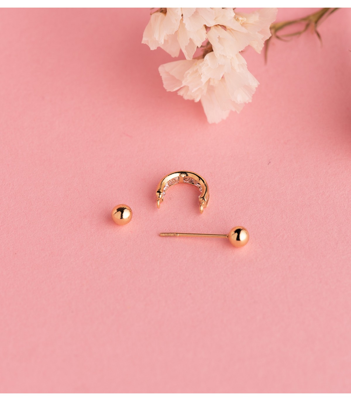 Piercing barbell Guyana Oro giallo 18kt, zircone brillante, helix, trago, lobo, anti tragus, rook, conch.