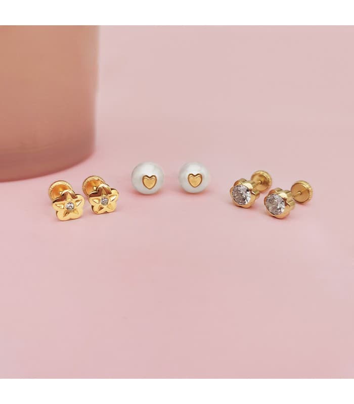 Boucles d'oreilles enfants avec perles, zircones, motif fleur.