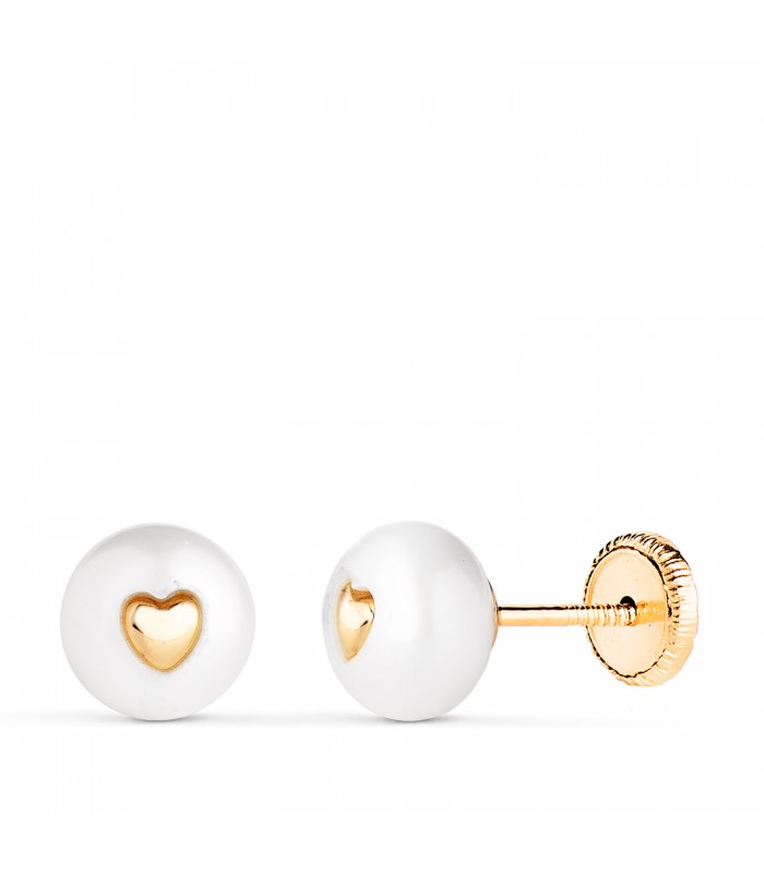 Boucles d'oreilles à vis Pearl & Heart 7.5mm 18K, cadeau communion fille