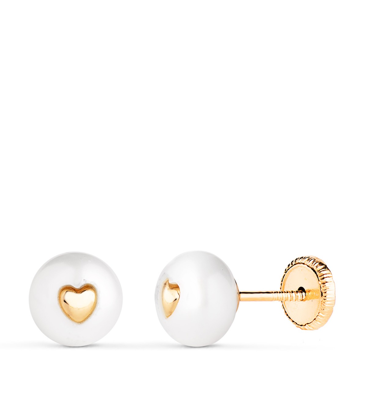 Boucles d'oreilles à vis Pearl & Heart 7.5mm 18K, cadeau communion fille
