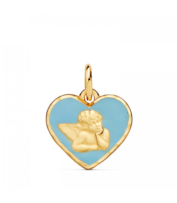 Medalla Corazón Ángel Oro 18K 14mm Azul, regalo bautizo o día de la madre.