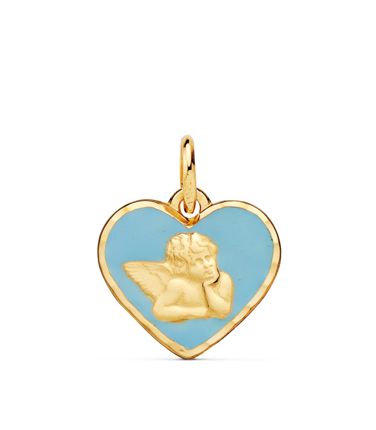 Medalla Corazón Ángel Oro 18K 14mm Azul, regalo bautizo o día de la madre.