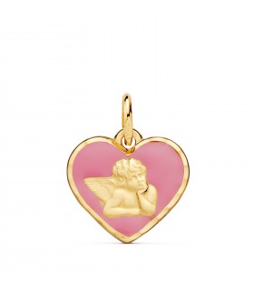 Médaille Coeur Ange Or 18K 14mm Rose, pendentif baptême, fête des mères