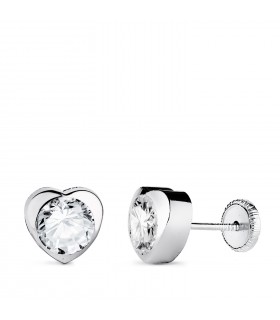 Dormilonas oro blanco 18k para niñas, modelo Africa 7.5 mm, con diseño chatón de corazones.