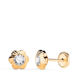 Pendientes con forma de flor y circonitas para niña en oro 18 kilates.
