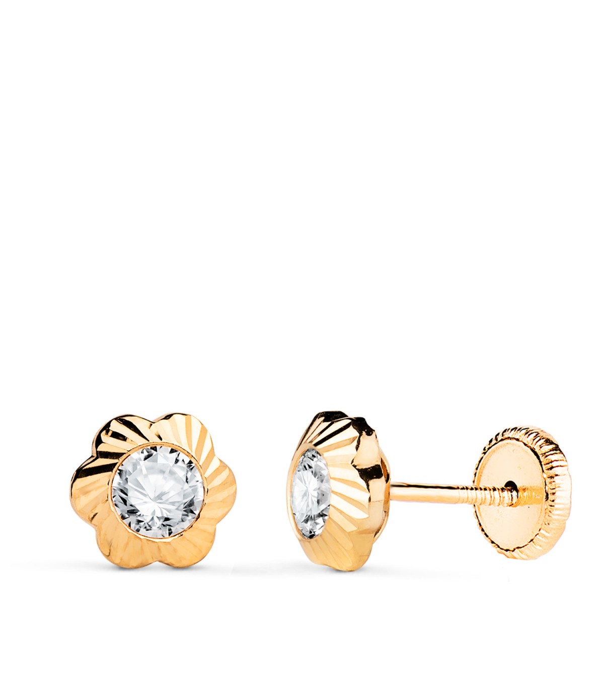 Pendientes con forma de flor y circonitas para niña en oro 18 kilates.