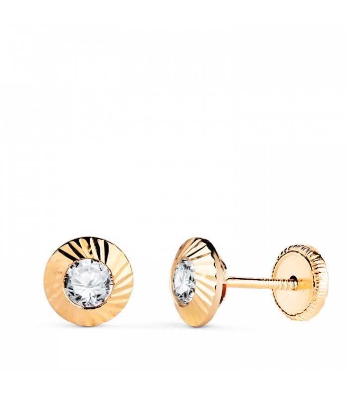 Rund-Ohrstecker Zirkonia 7 mm mit Einkerbungen, 18 Karat Gelbgold | Goldohrringe für Kinder und Damen