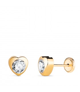 Pendientes oro amarillo Africa 18 Ktes 6 mm, corazones con circonitas y cierre de tuerca.