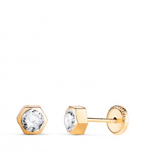 Pendientes Niña Hexágono Circonita Oro Amarillo 18 K 5 MM chaton cierre rosca