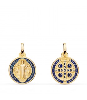 Medalla de San Benito Esmalte Azul Oro 18K 16mm - medallas religiosas san benito monje