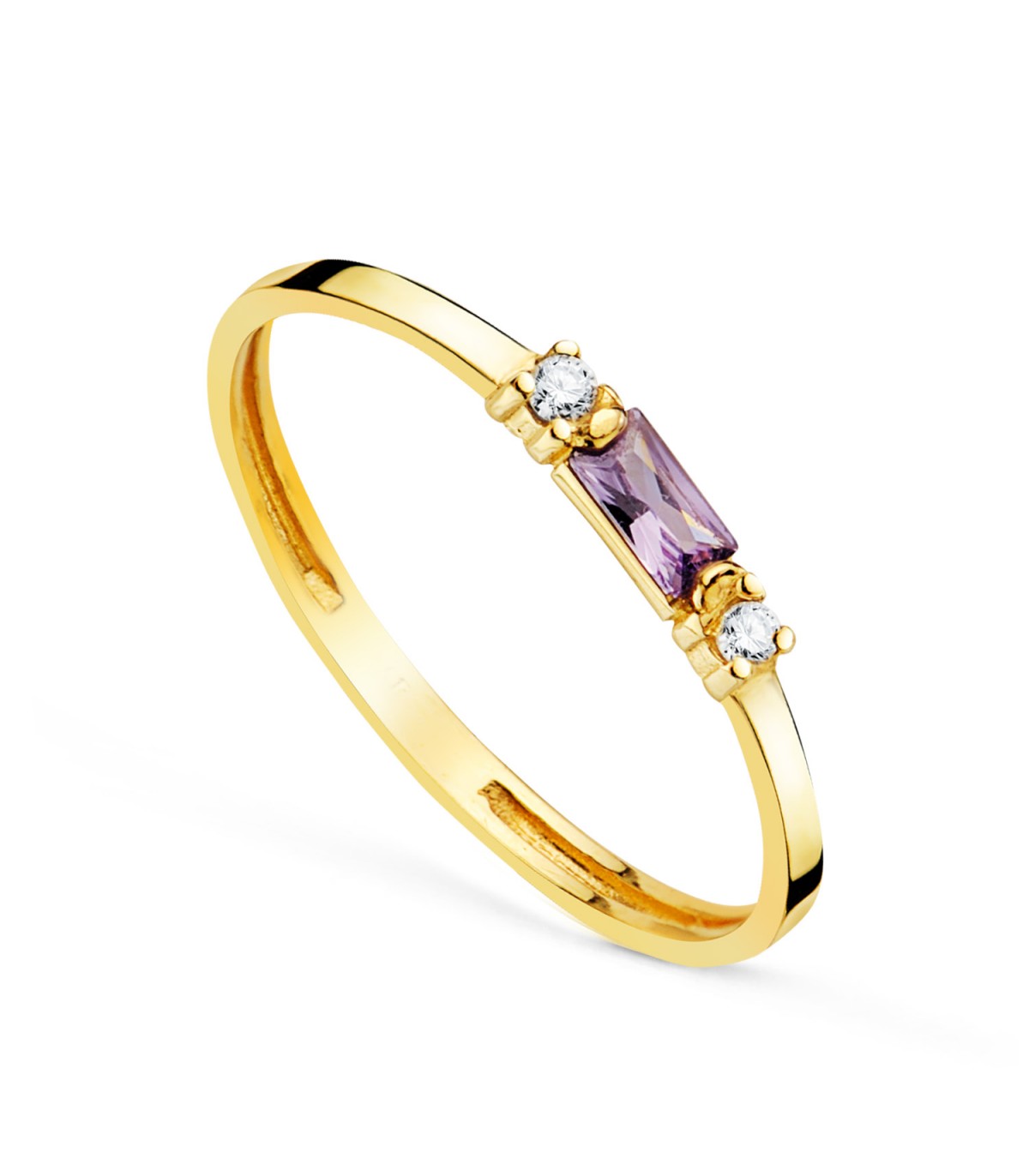 Amethyst-Goldring und Zirkoniasteinen – Ring mit Edelstein Baguette 18 K, Krappe-Fassung, 4 × 2 mm