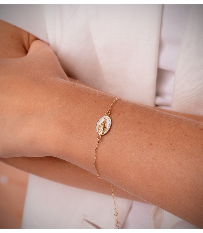 Bracelet Médaille Miraculeuse email blanc 18K  - Bracelets femme en or - bijouterie en ligne
