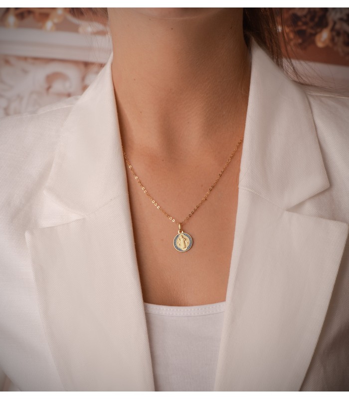 Medalla de San Benito Esmalte Azul Oro 18K 16mm - medallas religiosas san benito monje