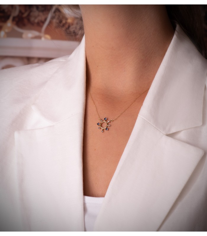 Collar Mujer Universe Oro Amarillo 18K, sol con piedras azules