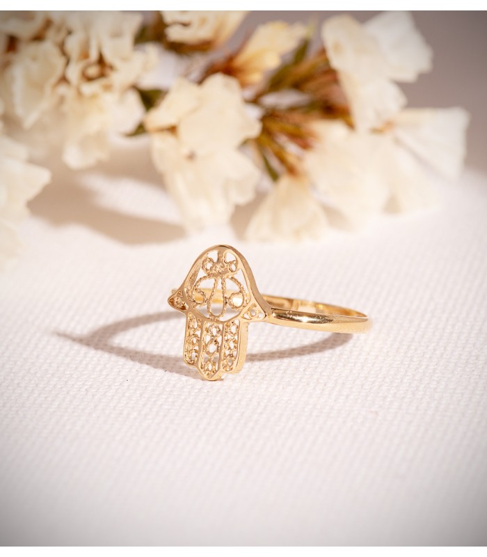 Anello Oro da donna, 750 18 carati, portafortuna mano di Fatima, motivo traforato.