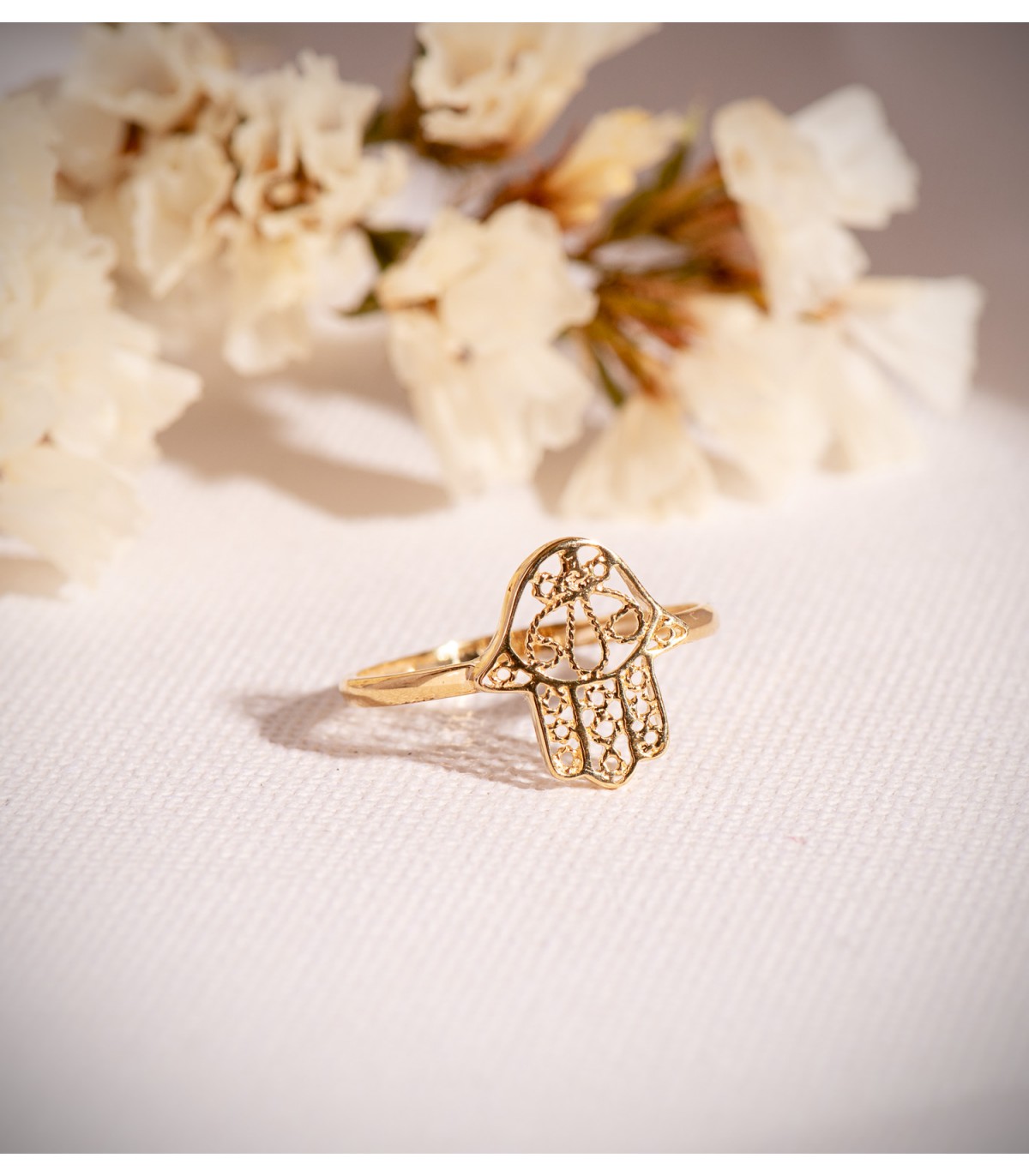 Anello Oro da donna, 750 18 carati, portafortuna mano di Fatima, motivo traforato.