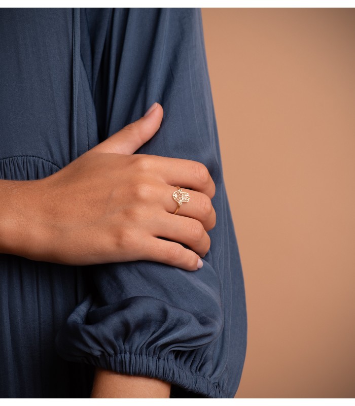 Anello Oro da donna, 750 18 carati, portafortuna mano di Fatima, motivo traforato.