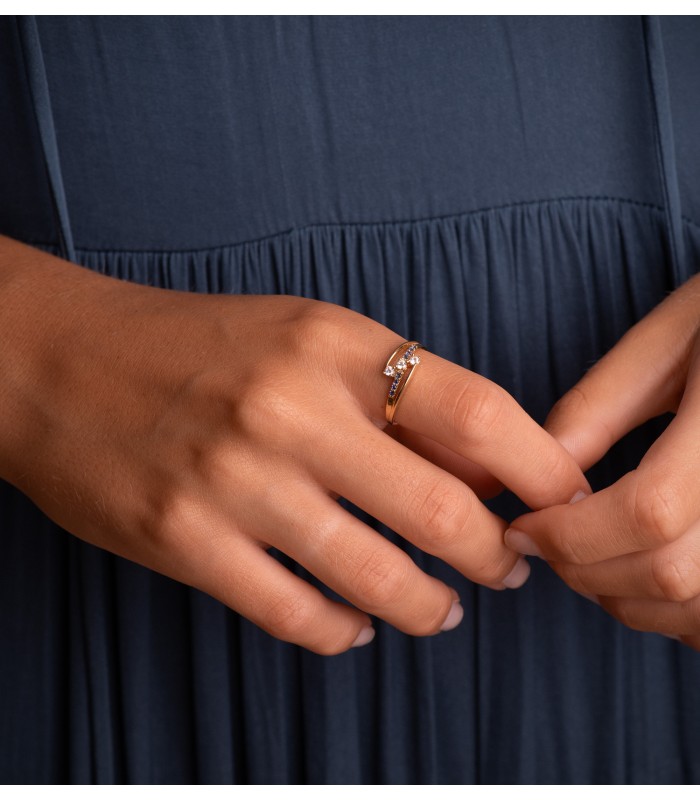Breiter Ring mit offenen Bändern | Goldring mit blauen und weißen Steinen | 19644 online kaufen