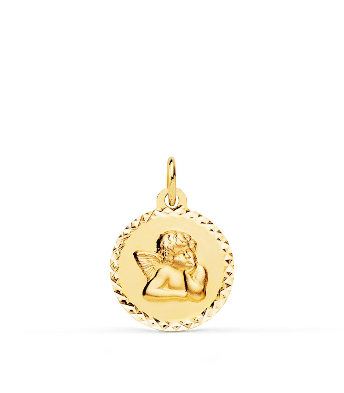 Médaille Or 375 Ange Cherubin Strié 16mm, cadeau baptême et naissance.