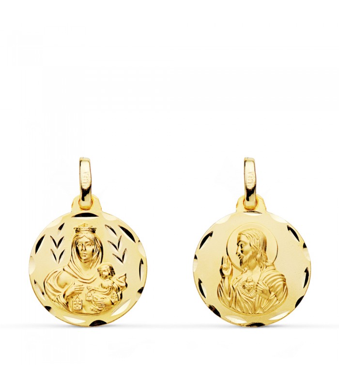 Escapulario Virgen del Carmen y Corazón Jesús 9K 16mm Tallado