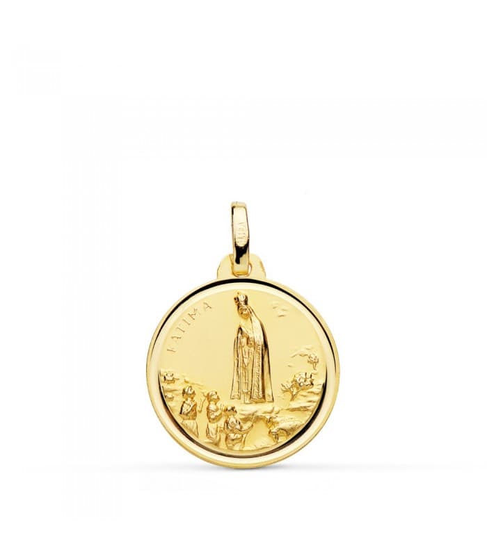 Medalla Virgen de Fátima Oro 9K 18mm Bisel, dorso con grabado.