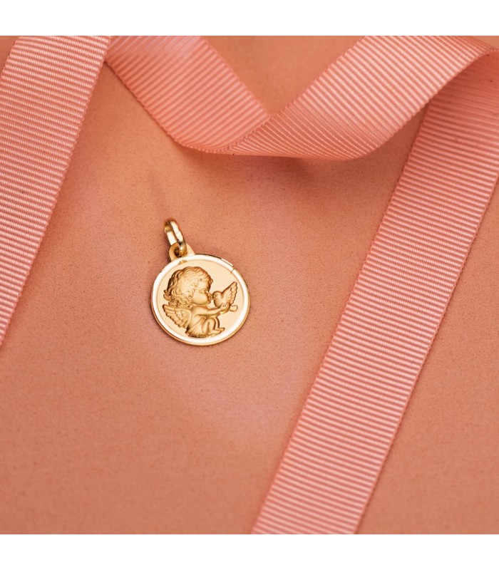 Médaille Baptême en or jaune 9 carats avec Ange et oiseau - Gravure au dos